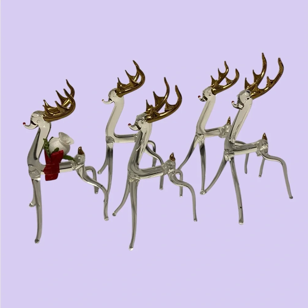 Vintage Reindeer 22 K Gold Overlay Hand Blown Glass Reindeer 5 Piece Set Clear
